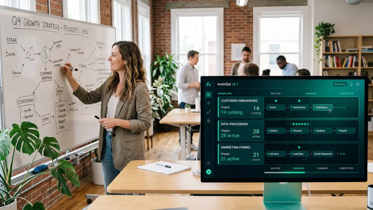 Automated operations dashboard running workflows autonomously while a founder works on strategy after a time audit reclaims hours