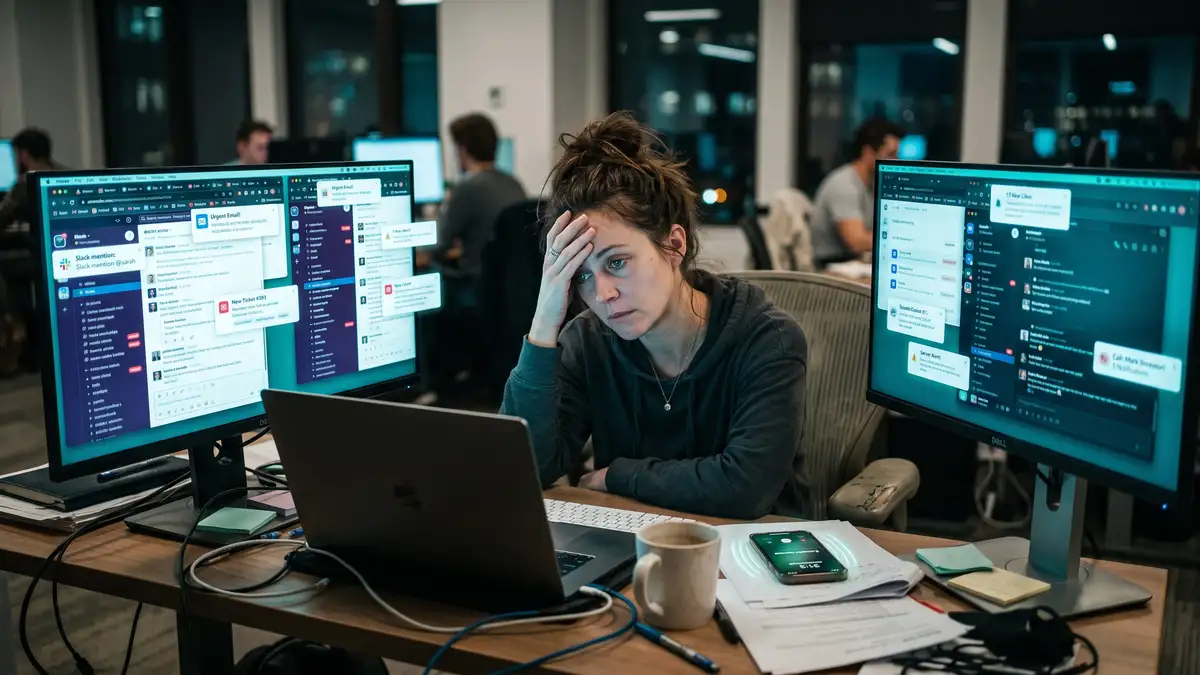 Founder surrounded by notification pop-ups and open chat windows showing the context-switching cost that a time audit reveals