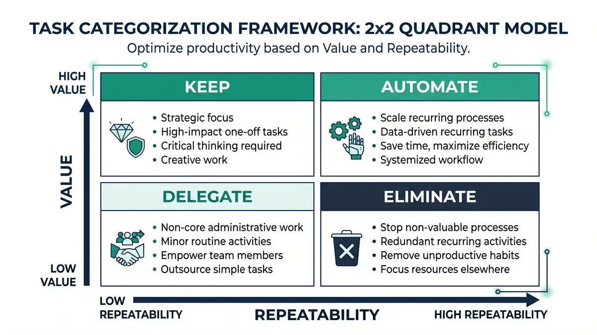 Infographic showing the Eliminate, Automate, Delegate, Keep quadrant framework for categorizing founder tasks by value and repeatability