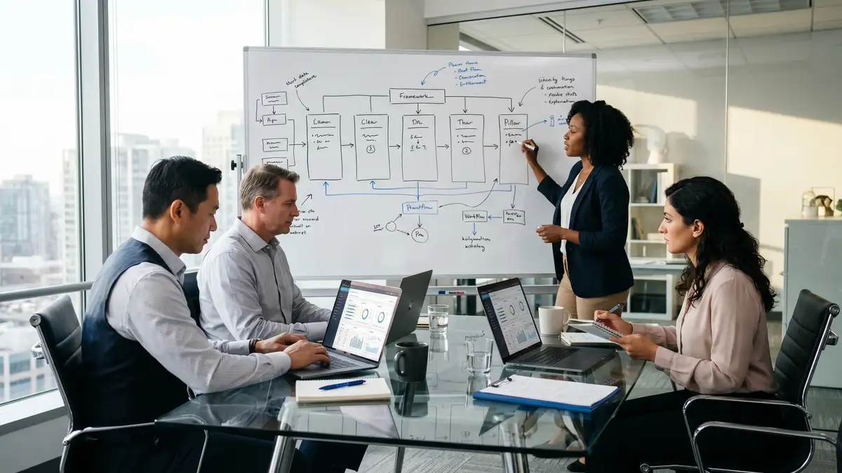 Talent acquisition team collaborating on a strategic framework around a glass conference table with a whiteboard showing seven pillars connected by arrows
