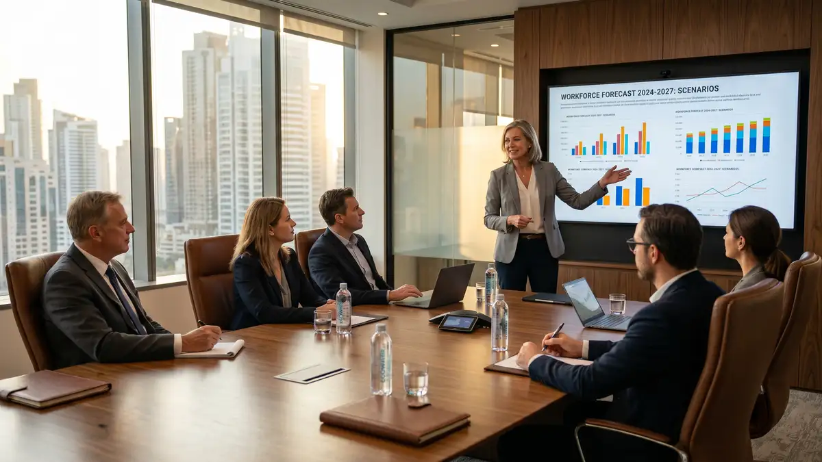 Senior talent leader presenting workforce planning forecast to executive stakeholders in a corporate boardroom