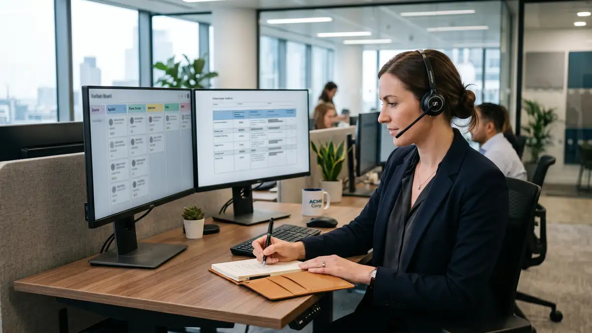 Talent acquisition recruiter at standing desk with dual monitors showing candidate pipeline kanban and structured interview rubric