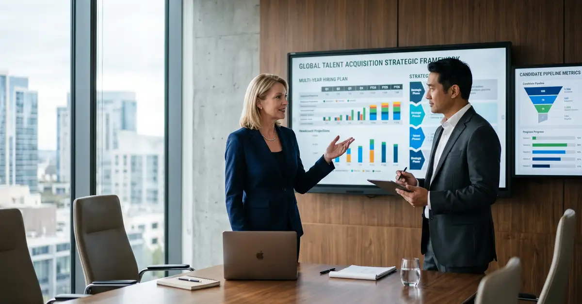 CHRO and head of talent acquisition reviewing a strategic talent acquisition framework on a large display in a modern corporate boardroom