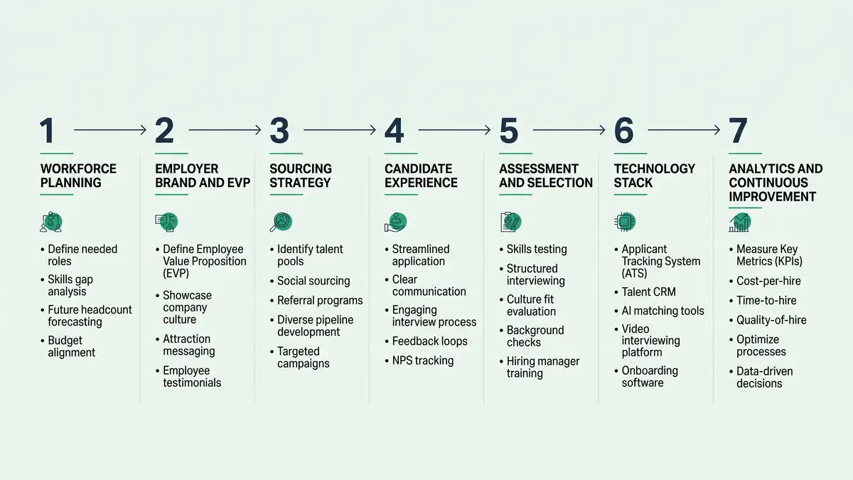Horizontal flow infographic showing the 7-pillar talent acquisition strategy framework from workforce planning through analytics and continuous improvement