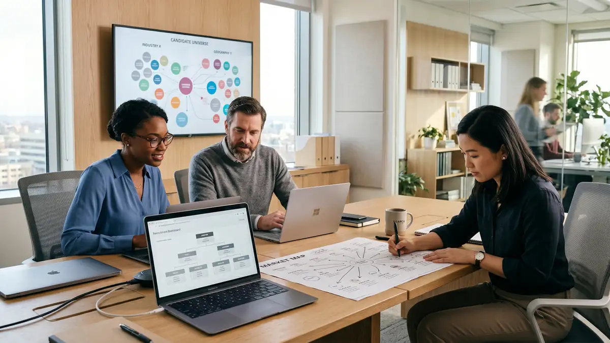A boutique executive search research team collaborating around a desk analyzing market intelligence and candidate universe data
