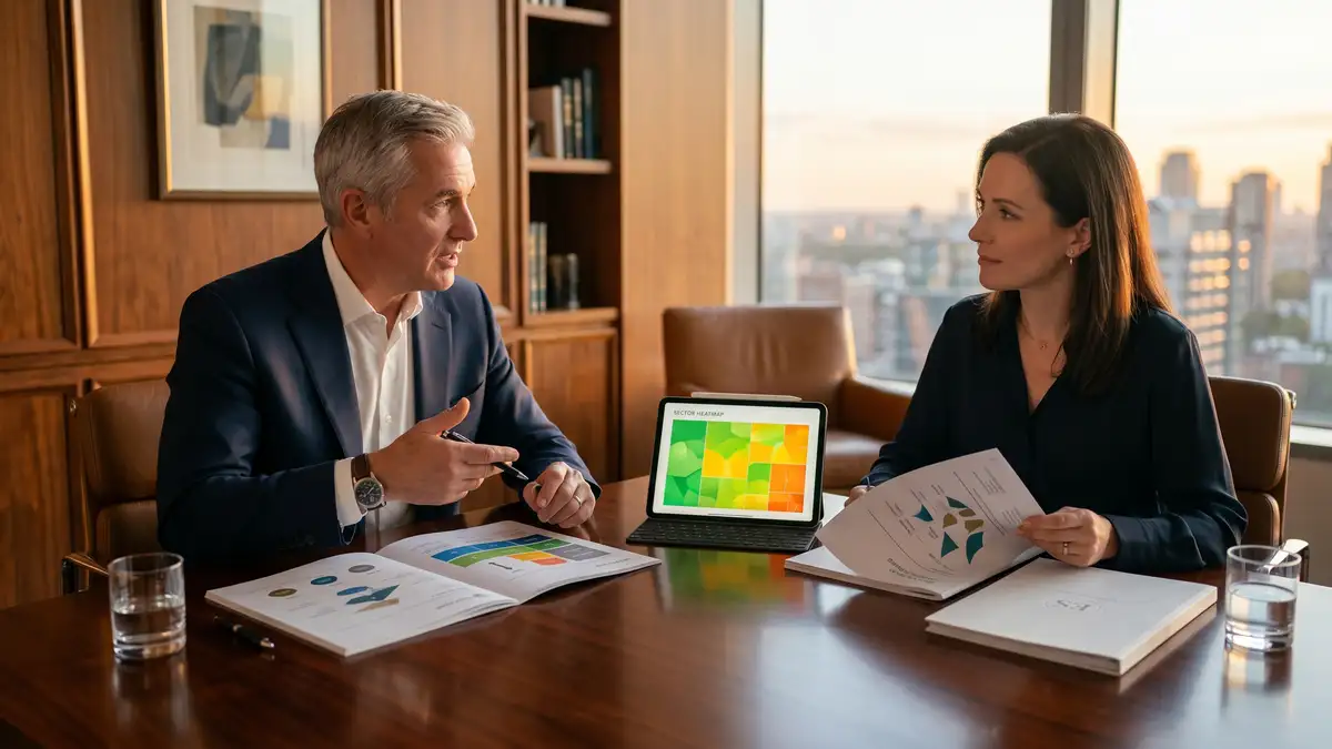 A senior executive search consultant presenting a talent map deliverable to a client across a polished wood table