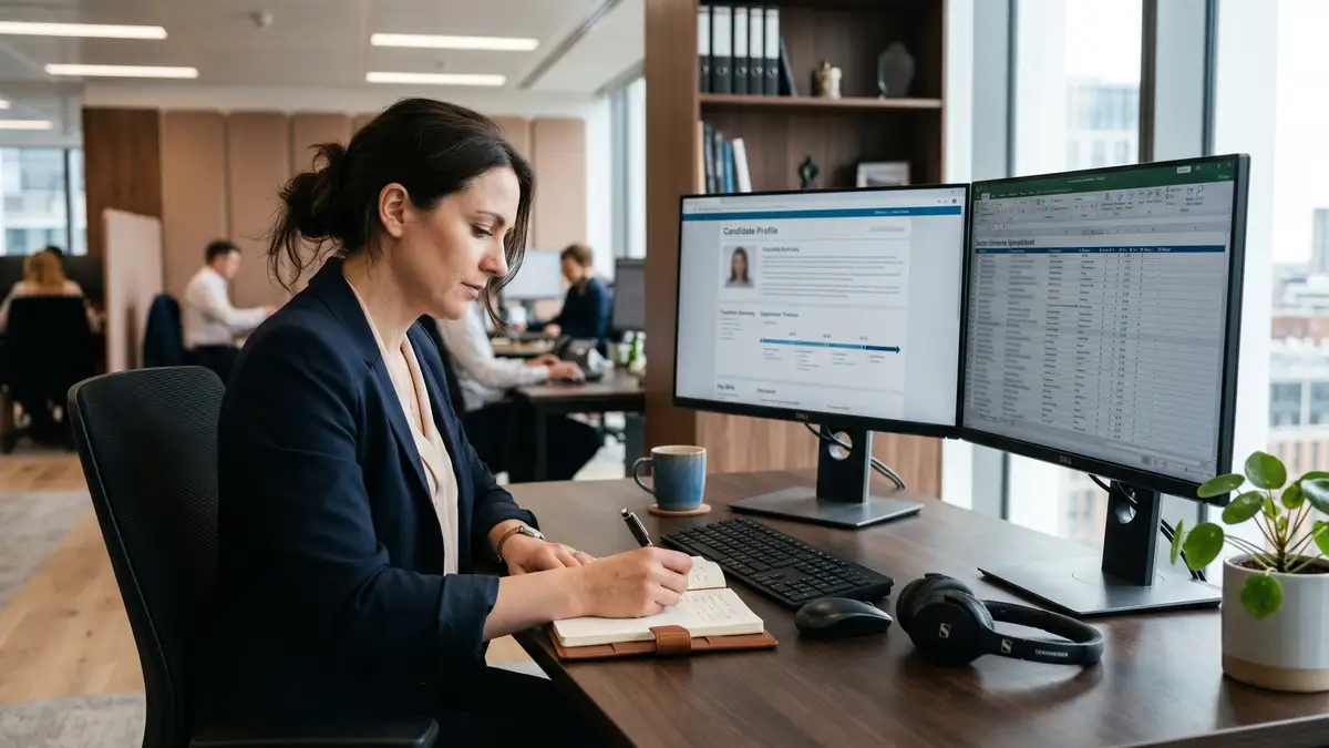 A research analyst at a dual-monitor desk reviewing candidate profile and sector universe spreadsheet