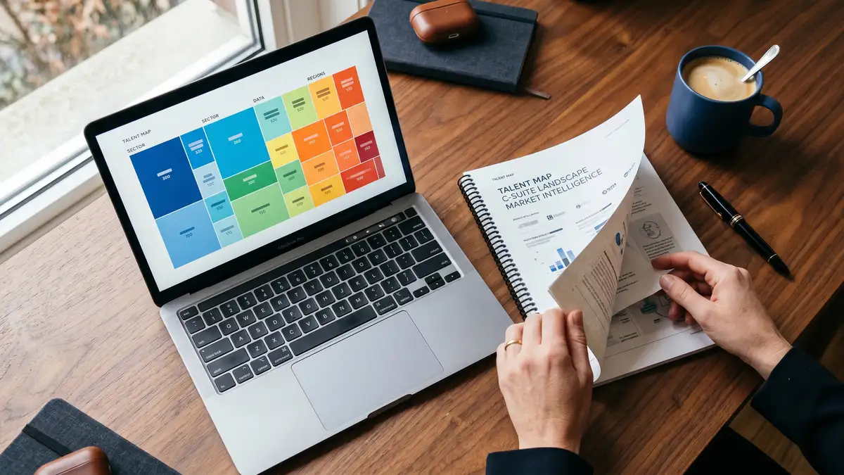 Close-up overhead view of a research workspace with talent map deliverable, MacBook with sector heatmap, and Mont Blanc pen