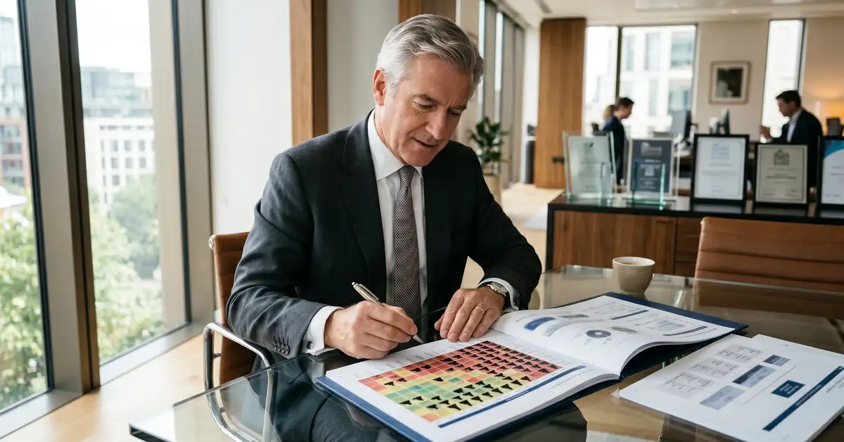Senior managing director of an elite executive search firm reviewing a printed talent mapping deliverable with sector heatmap on a glass conference table in a sunlit modern office