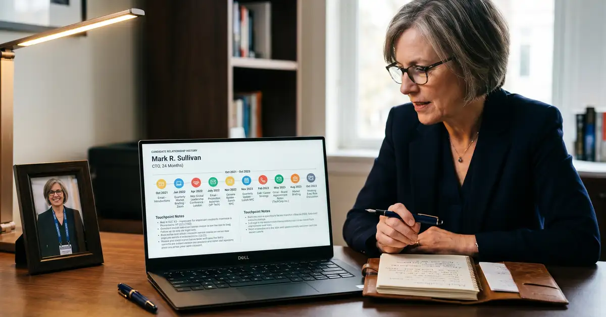 Senior executive search consultant reviewing candidate relationship history timeline showing 24 months of touchpoints on laptop screen