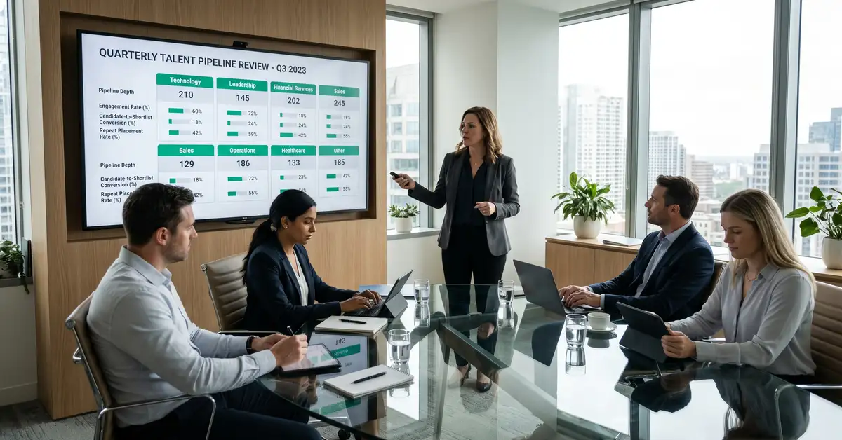Executive search firm Practice Director presenting quarterly pipeline review with 6-segment matrix and health metrics in modern boardroom