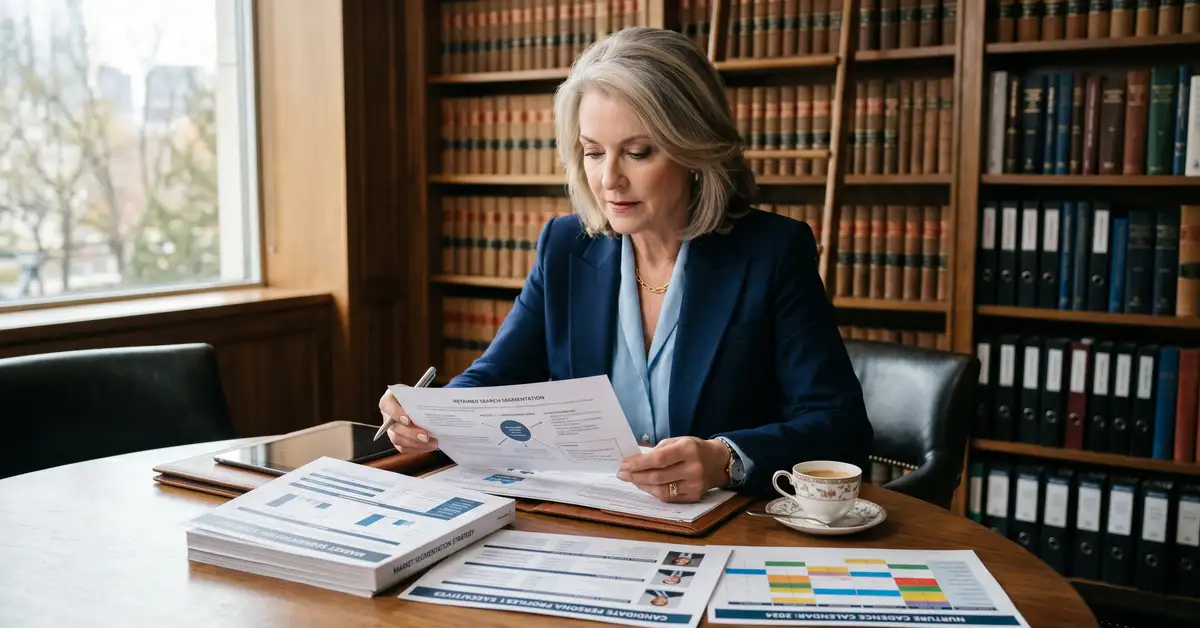Senior executive search Practice Lead reviewing printed pipeline segmentation strategy documents in sophisticated office library