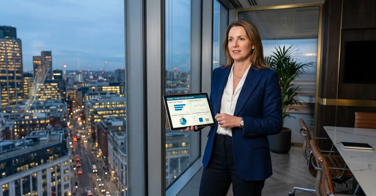 Executive search Managing Director reviewing real-time talent pipeline health dashboard on tablet with city skyline backdrop