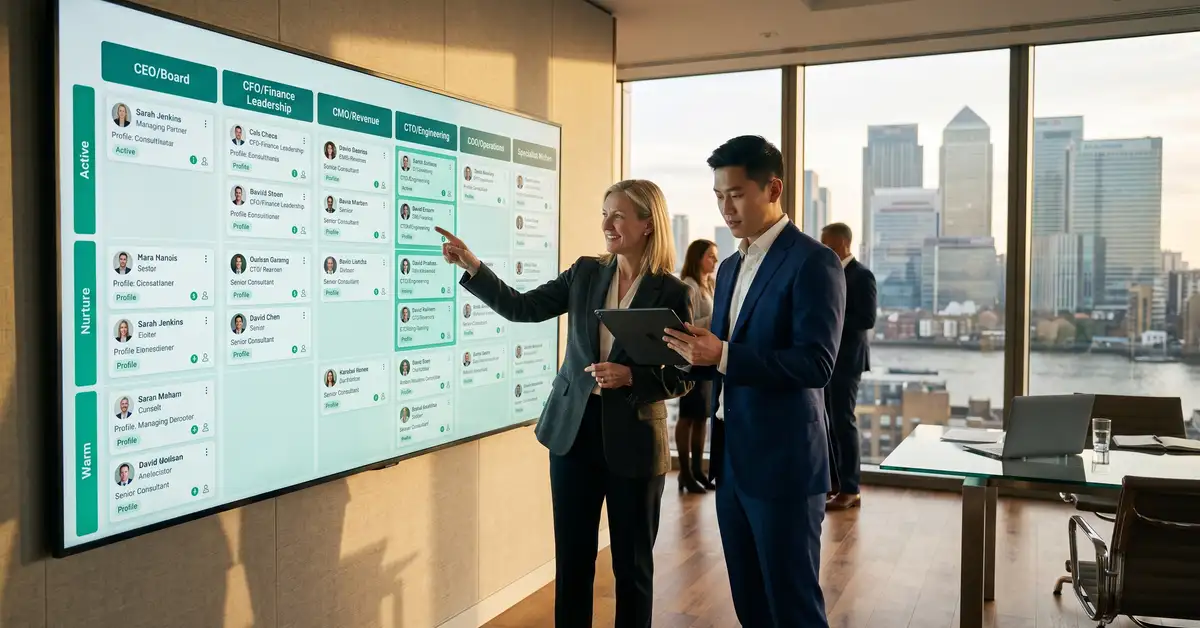 Executive search firm Managing Partner reviewing wall-sized interactive talent pipeline dashboard with 6 functional segments in sophisticated London office