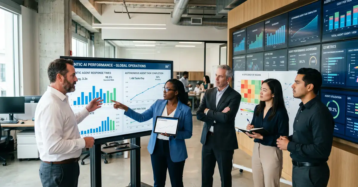 Team of B2B operations leaders analyzing agentic AI performance metrics across enterprise dashboards in modern office