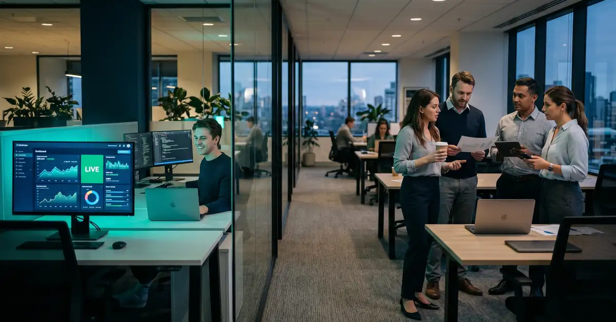 Conceptual image of a gap between a live software system and the employees only partially engaging with it