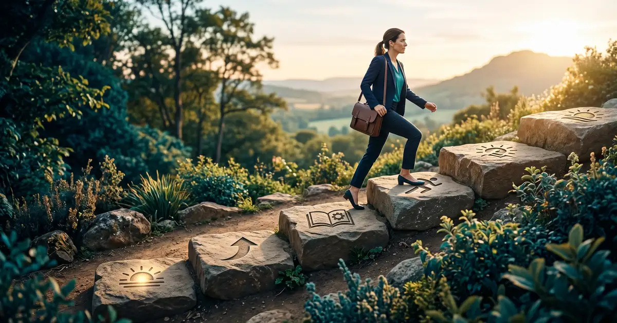 The ADKAR change journey shown as five rising stepping stones from awareness to reinforcement