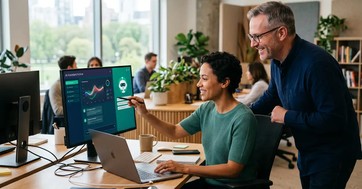 An employee confidently collaborating with an AI assistant at work while a supportive colleague looks on