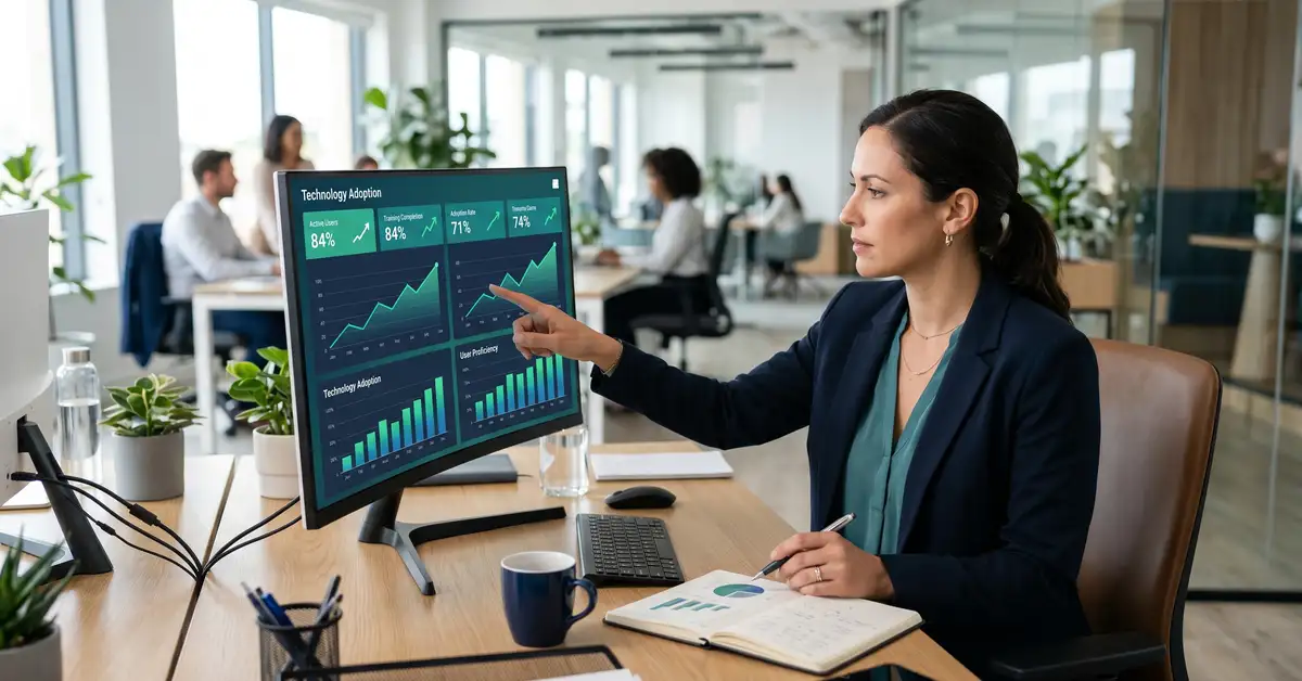 A manager reviewing a technology adoption dashboard showing active-usage and proficiency metrics trending upward
