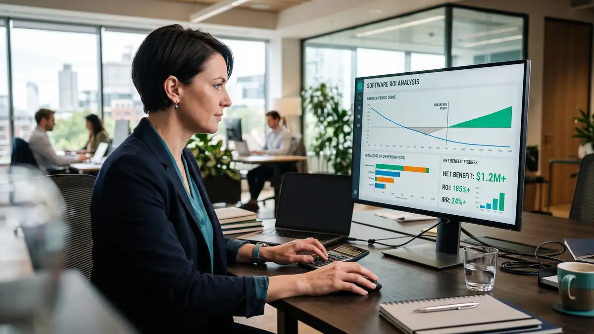 B2B finance and operations leader calculating the return on investment of a software purchase on a screen showing a payback-period curve and total cost of ownership breakdown