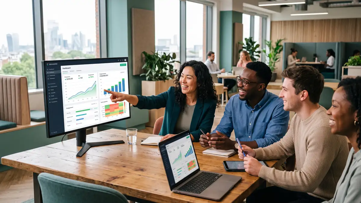 A B2B team confidently adopting a new software tool that is clearly delivering value, with high usage and a dashboard showing strong returns