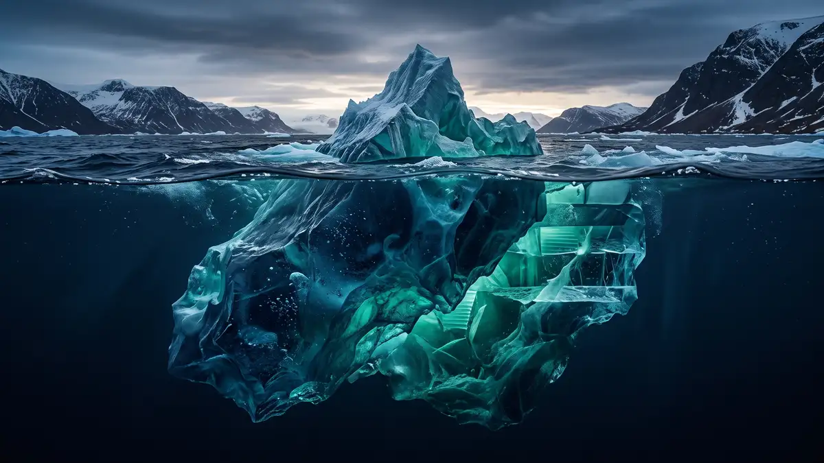 Total cost of ownership shown as an iceberg with a small visible purchase price above the waterline and large hidden integration, training, and maintenance costs below