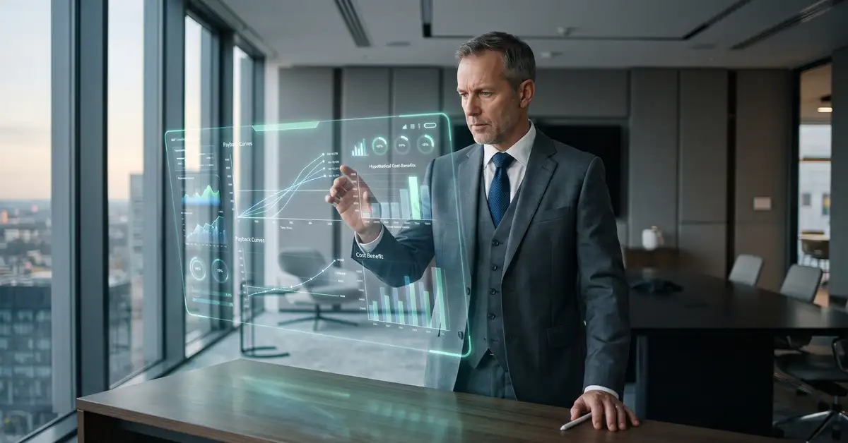 B2B executive evaluating a technology investment against return-on-investment criteria on a holographic dashboard with payback curves and cost-benefit indicators