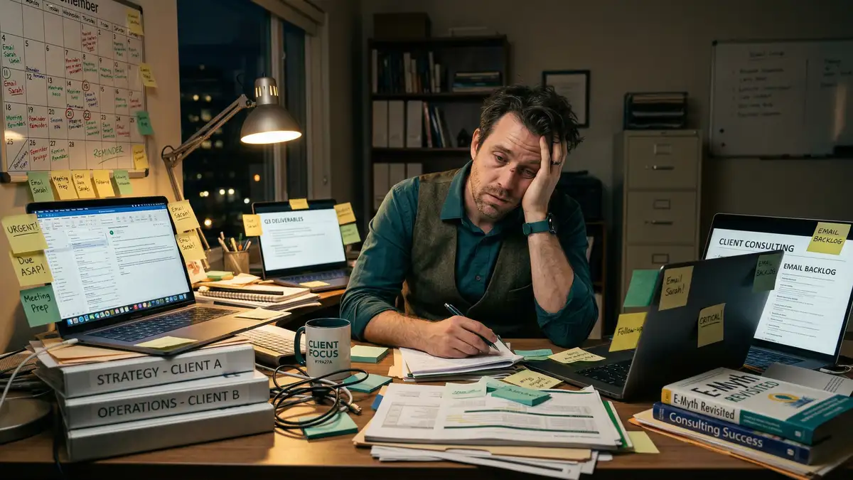 Founder buried in operational chaos illustrating the E-Myth Technician's Trap in modern B2B businesses