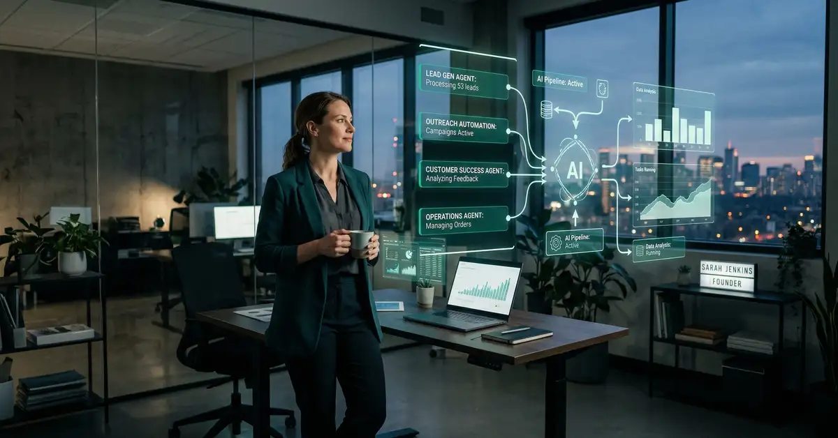 Founder stepping out of the Technician's Trap into a Freedom Machine of agentic workflows representing the modern E-Myth solution