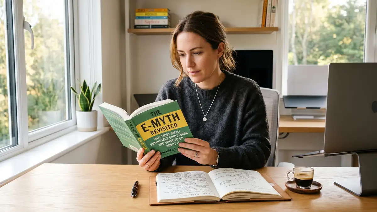 SaaS founder reading E-Myth book at minimalist home office with notebook open