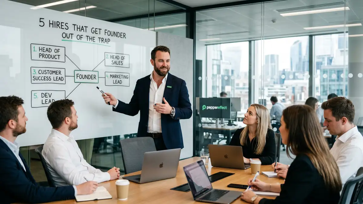 SaaS founder presenting to leadership team a 5-hires-to-escape-trap diagram on whiteboard