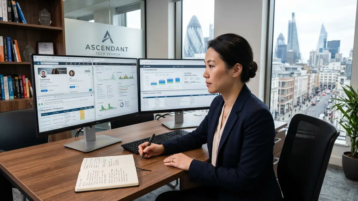 Boutique technology executive search consultant analysing engineering candidate data on dual monitors with LinkedIn profiles GitHub contributor metrics and compensation benchmarks