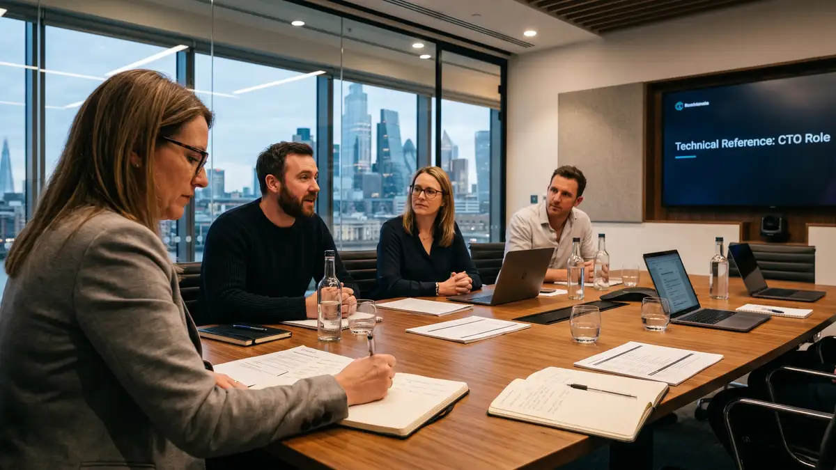 Panel style technical reference interview where a recruitment partner is interviewing three senior engineers who previously reported to a CTO candidate