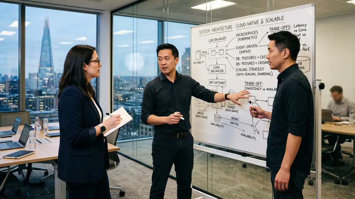 Technology executive search specialist conducting a technical case study interview with a Head of Engineering candidate at a whiteboard showing system architecture