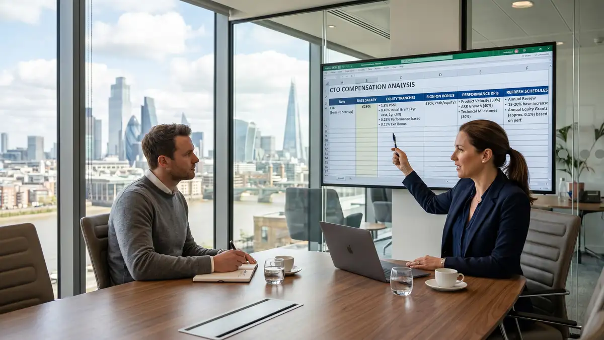 Boutique executive search Managing Director presenting CTO compensation engineering analysis to a startup founder CEO showing equity tranches and performance KPIs