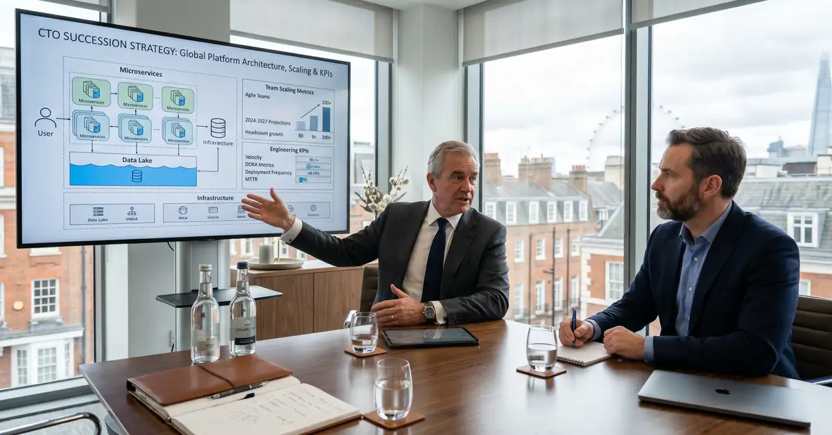 Senior executive search Managing Director conducting a CTO interview at a polished conference table in a London Mayfair boardroom reviewing technical architecture