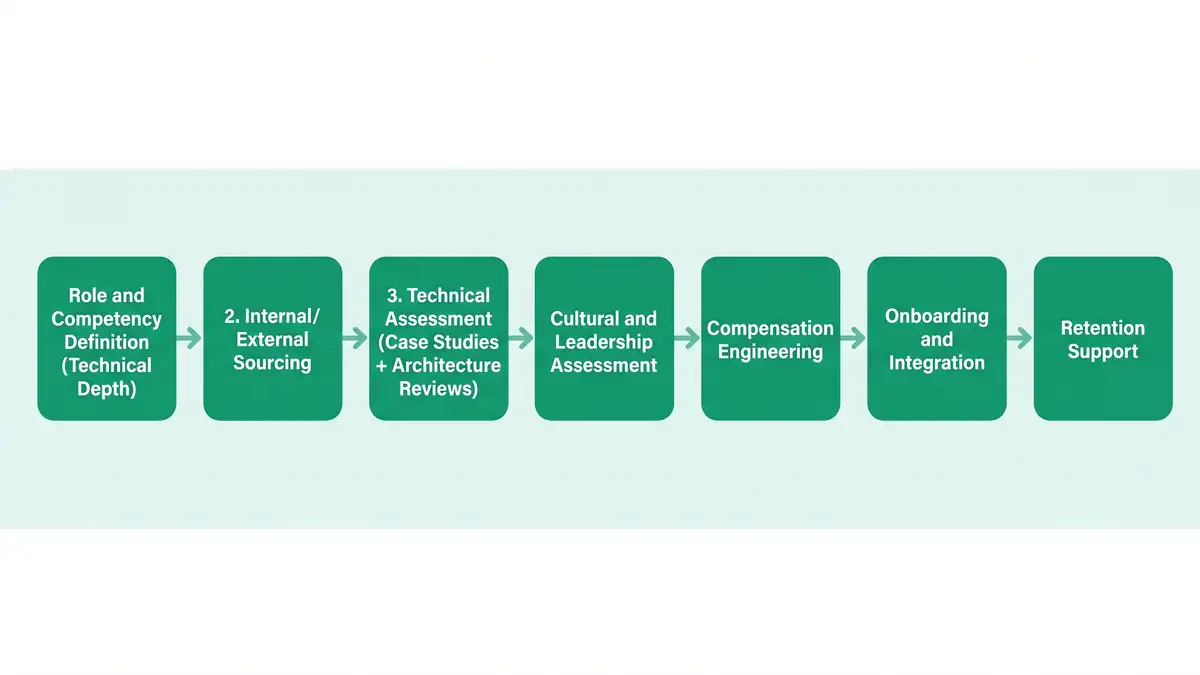 Infographic showing 7-pillar technology executive search methodology from role definition through to retention support