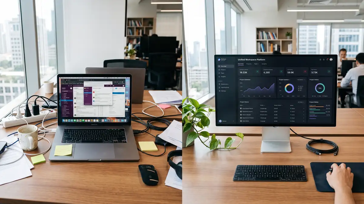Contrast between a cluttered desk of disconnected apps and a clean integrated dashboard, showing consulting tech stack consolidation