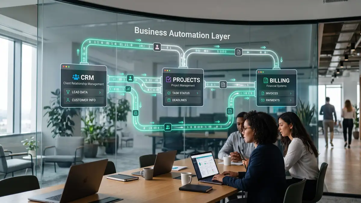 Automation layer connecting CRM, project, and billing systems with data flowing automatically across the consulting tech stack