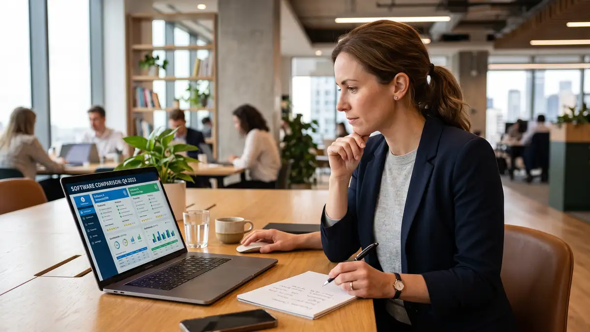 Consultant carefully evaluating and comparing business software options to choose tools that save time