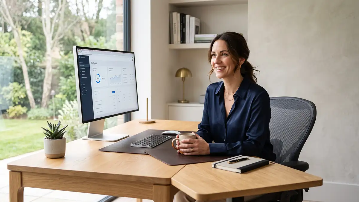 Consulting founder enjoying reclaimed time at a clean uncluttered desk with a single streamlined screen