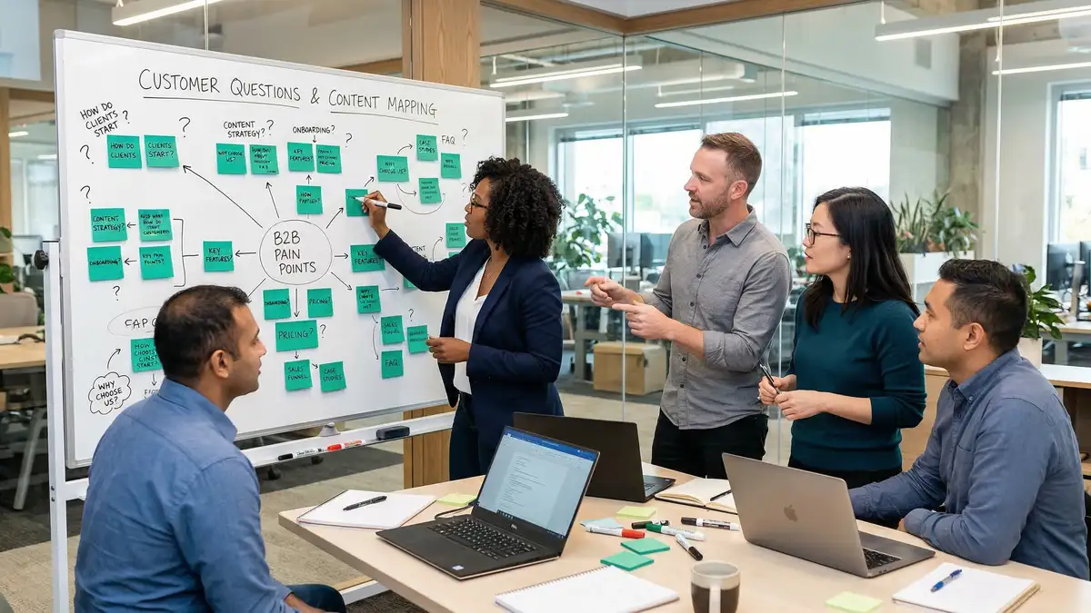 B2B marketing team planning They Ask You Answer content strategy on whiteboard with customer questions and topic clusters