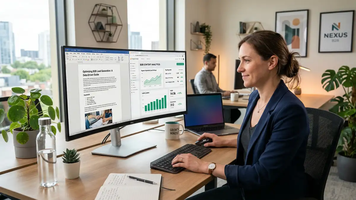 Marketing professional creating buyer-driven B2B content with search analytics and keyword data on screen