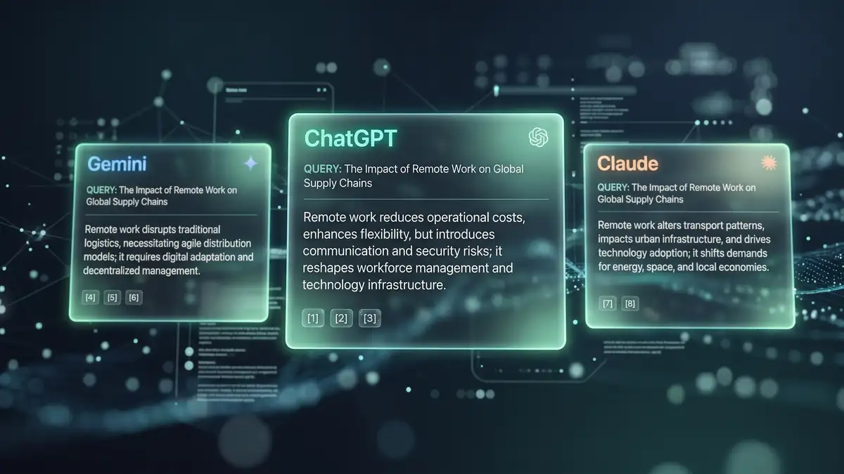 Multiple AI answer engine interfaces synthesizing concise answers with source citation chips, representing ChatGPT, Gemini and Claude