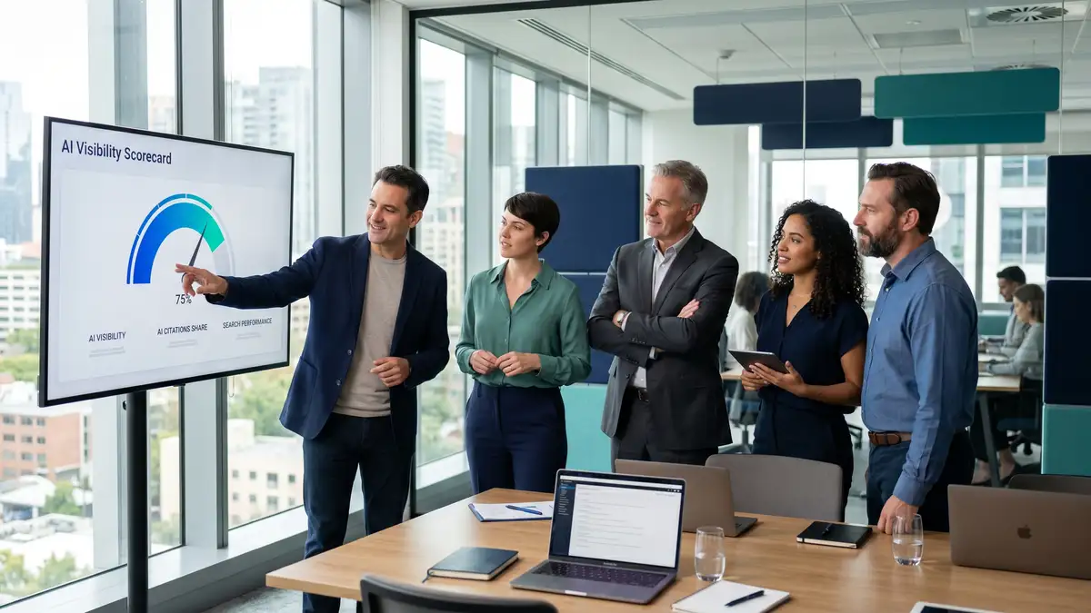 B2B SaaS leadership team reviewing an AI visibility scorecard showing share of citations across AI assistants