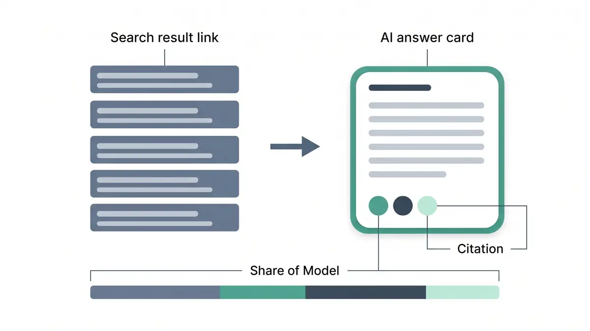 Diagram showing the shift from ten traditional blue search links to a single AI answer with citations and a Share of Model visibility bar