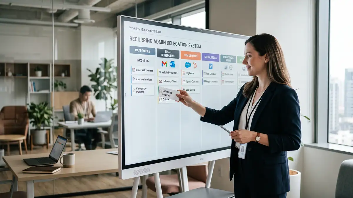 Consultant sorting recurring administrative tasks into delegation categories on a digital board as part of a virtual assistant strategy