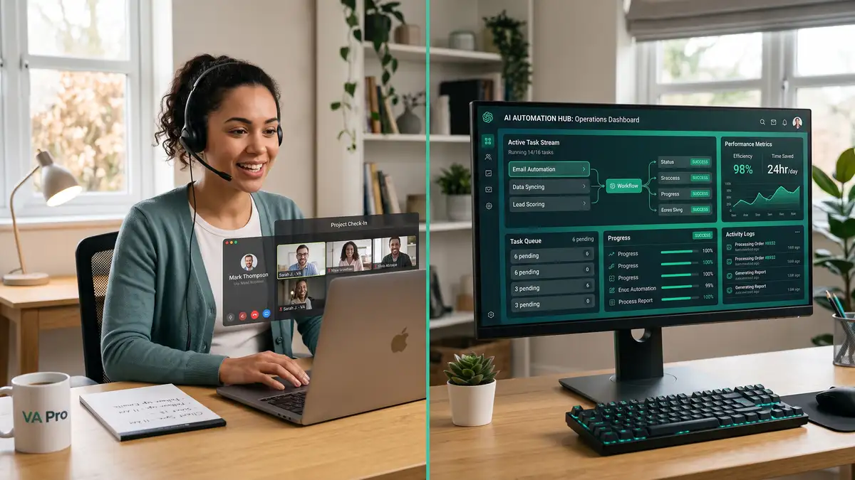 Human virtual assistant on a video call beside an AI automation dashboard running tasks, showing the split between people and software