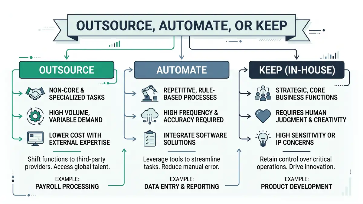 Decision framework infographic showing how consultants route recurring tasks into outsource, automate, or keep categories