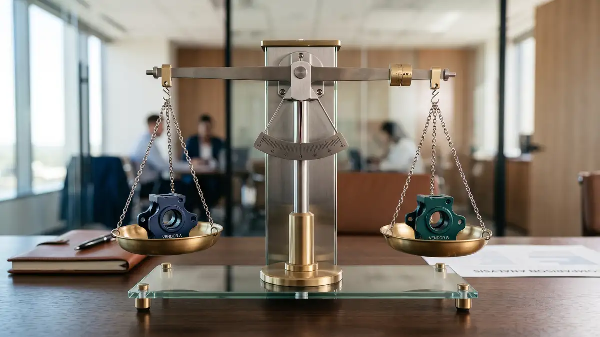 Balance scale weighing two options, symbolizing careful vendor comparison in a vendor evaluation framework
